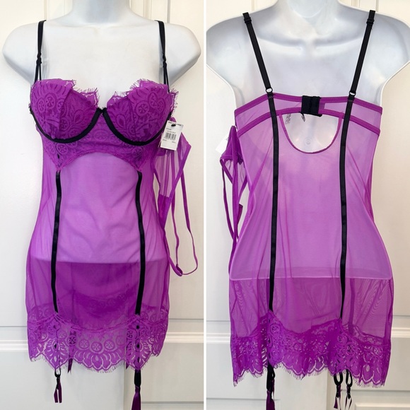 NWT Frederick’s of Hollywood Lace Stretch Mesh Purple Paris Slip Thong 2PC Set S - Picture 5 of 5
